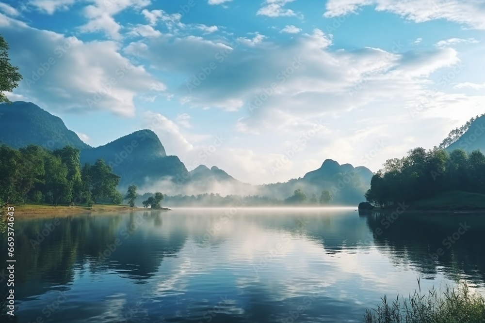 Generative AI : Mountain landscape, picturesque mountain lake in the summer morning
