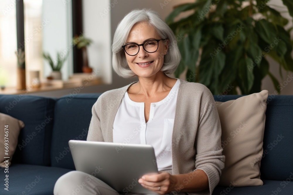 Generative AI : older mature middle aged adult woman holding laptop computer sitting on couch at home Generative AI : older mature middle aged adult woman holding laptop computer sitting on couch at home