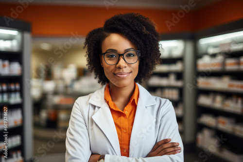 African American smiling friendly female woman professional pharmacist with arms crossed in lab white coat standing in pharmacy shop or drugstore in front of shelf with medicines. Health care concept