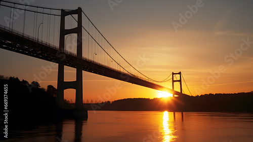 Bridge at Sunrise. Silhouette of a Modern Suspension Bridge in Morning Light © Ployker