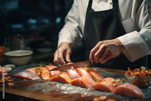 Generative AI : Chef Slices fresh Salmon on the sushi bar