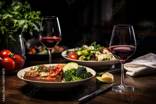 Generative AI : Served table with italian food - seafood pasta, salad and wine with window light