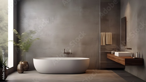 in the middle of the image a grey wall and black tub are in view  in the style of matte background  luminous quality  delicate washes  dark orange and beige  industrial design  eco-friendly craftsmans