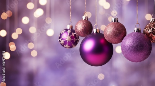 New Year's balls and toys on a purple background with bokeh lights on Christmas Eve.