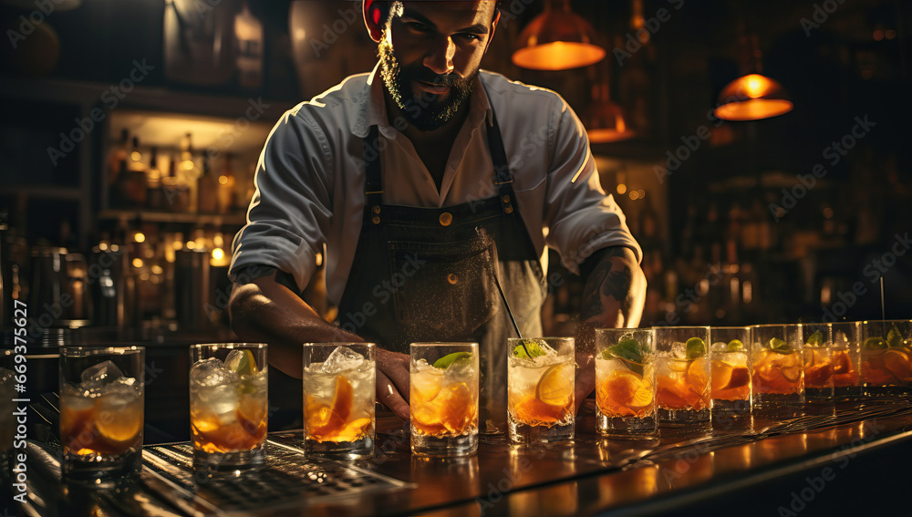 Portrait of a professional bartender working at the bar counter in a nightclub. - obrazy, fototapety, plakaty 