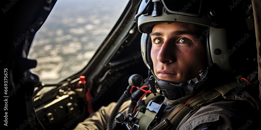 Portrait of a male pilot in the cockpit of the helicopter.
