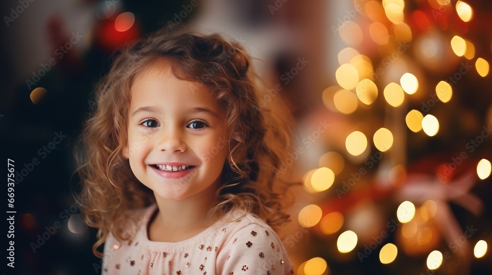 Portrait of a cute, happy little girl near the New Year tree on Christmas Eve in a home interior. Portrait of a cute, happy little girl near the New Year tree on Christmas Eve in a home interior.