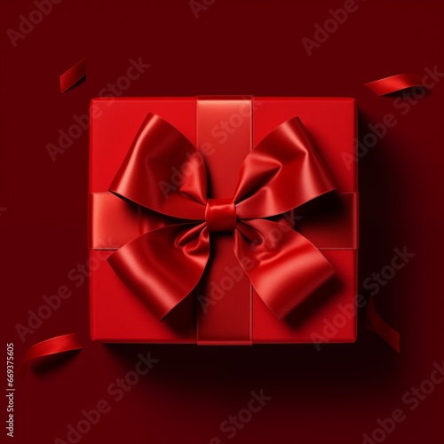 top view of red present box with red ribbon bow isolated on dark red background. AI generated