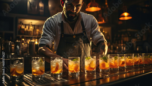 Portrait of a professional bartender working at the bar counter in a nightclub. photo