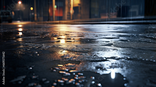 A rain puddle reflecting the dim streetlights, forming an eerie shimmer