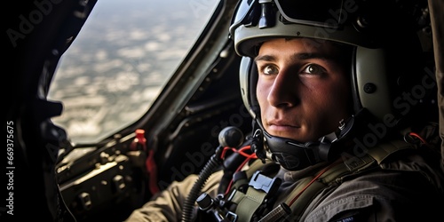 Portrait of a male pilot in the cockpit of the helicopter. © Meow Creations
