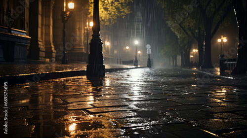 A rain-soaked street is illuminated by a streetlamp, the light reflecting off the puddles below