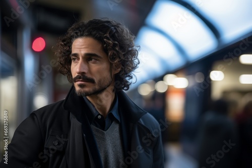 Portrait of a handsome man with curly hair in the street at night