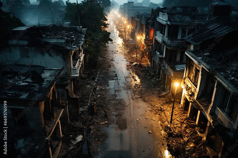 a street in the middle of a city at night, with buildings and debris scattered on the ground all around
