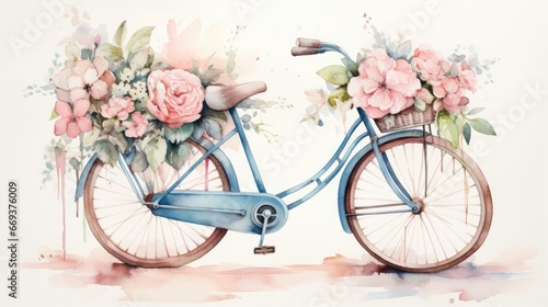 Fototapeta Naklejka Na Ścianę i Meble -  A bicycle with flowers in the basket, watercolor, ink outlines, vintage feel. AI Generative