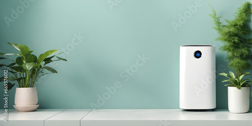 Air purifier in Modern minimalist interior. for filter and cleaning removing dust PM2.5 HEPA in home. Air Pollution Concept.