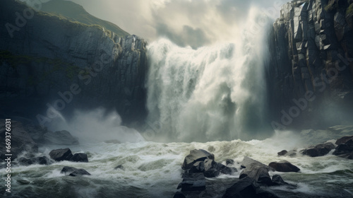 A raging waterfall thundering over a rocky cliff face