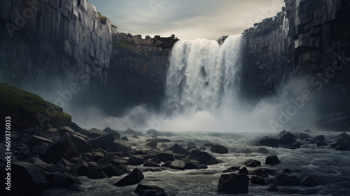 A raging waterfall thundering over a rocky cliff face