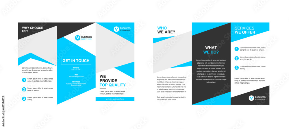 Tri-fold business corporate brochure layout design with two side. Modern creative brochure in blue, black and white color with presentation.
