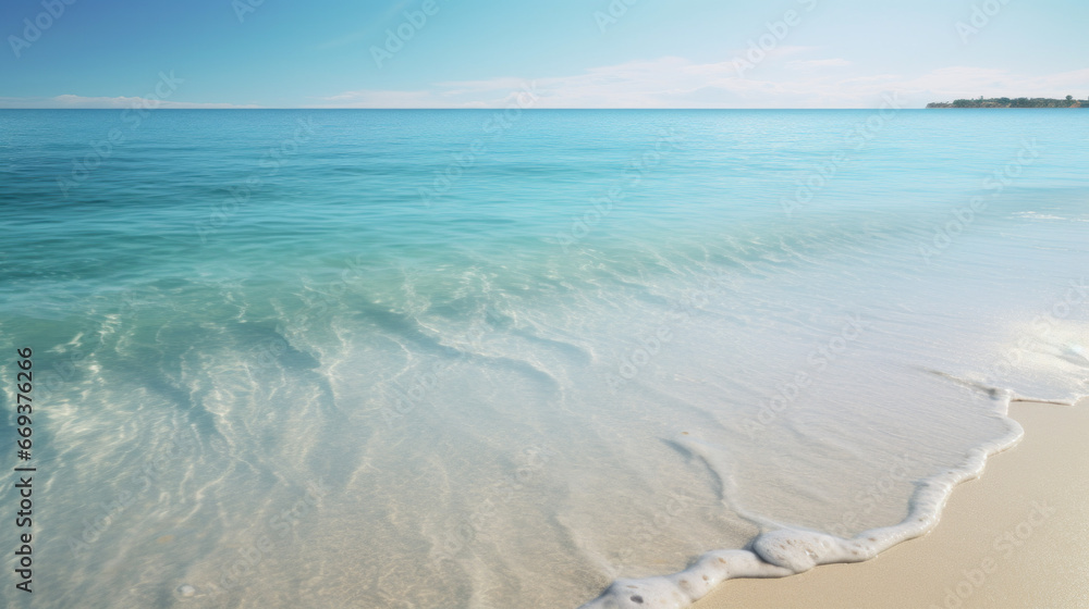 A pristine beach with crystal-clear water lapping against the sand