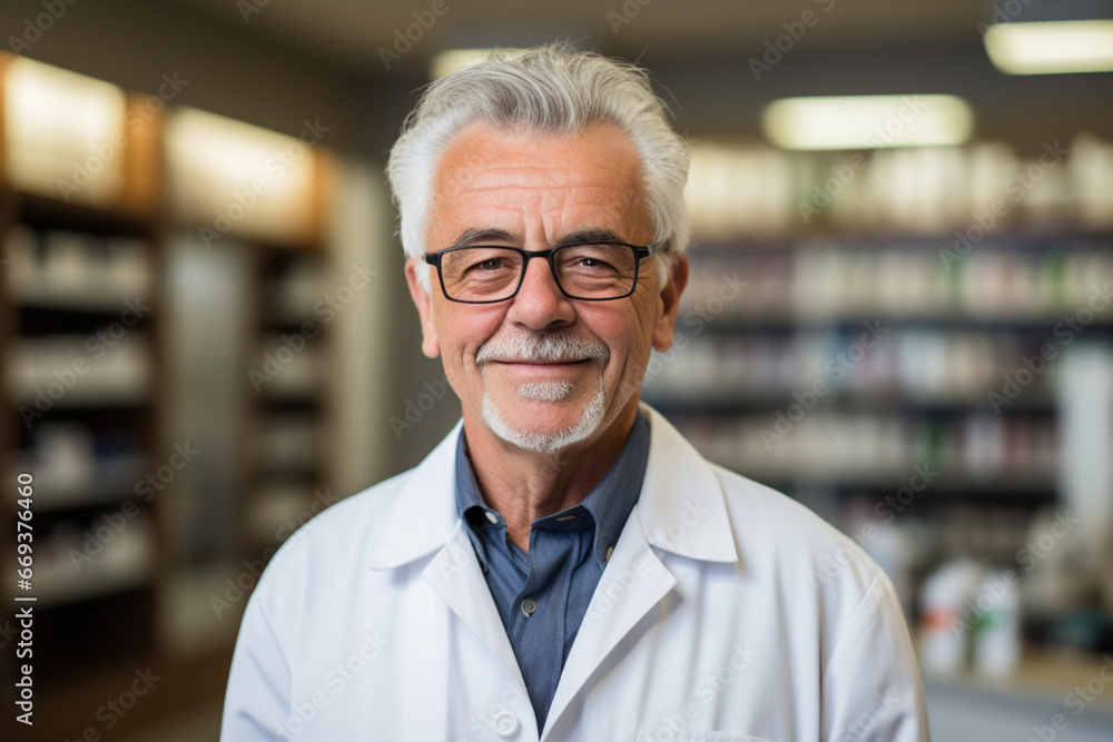 Portrait of friendly smiling adult mature friendly male man professional pharmacist standing in pharmacy shop or drugstore in front of shelf with medicines in gray shirt. Health care help concept. Portrait of friendly smiling adult mature friendly male man professional pharmacist standing in pharmacy shop or drugstore in front of shelf with medicines in gray shirt. Health care help concept.