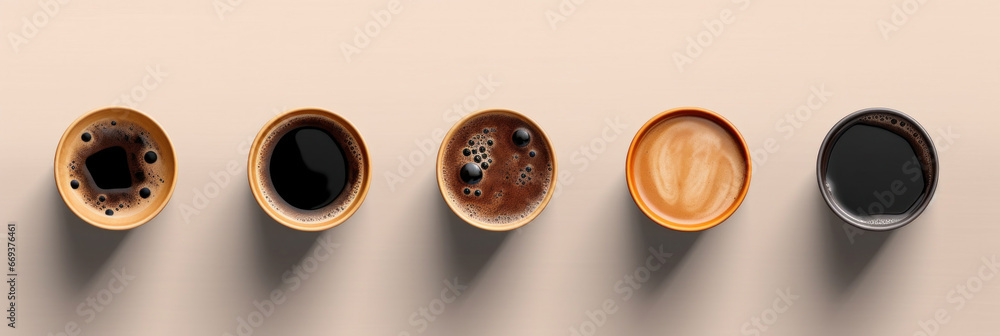 Fototapeta premium above view, set of paper take away cups of different black coffee isolated on white background.