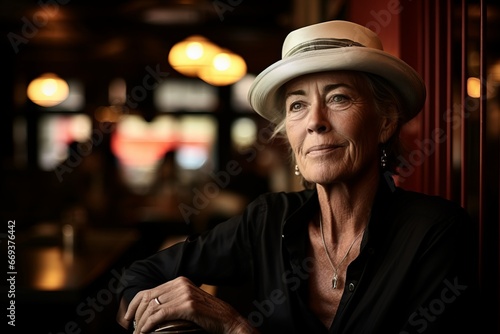 Portrait of a beautiful senior woman in a hat at the bar