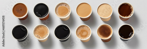 above view, set of paper take away cups of different black coffee isolated on white background. © tong2530