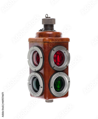 vintage hanging traffic light isolated on white background photo