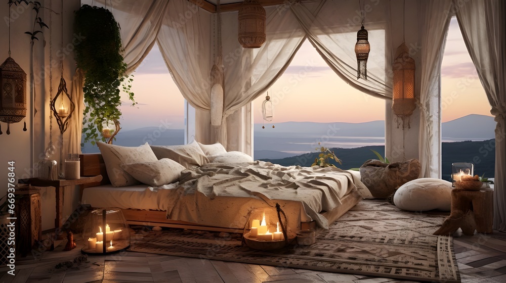 Fototapeta premium the bed is surrounded by plants and two high windows, in the style of vray tracing, rustic scenes, moody and atmospheric, african influence, brown and beige, industrial, exotic atmosphere