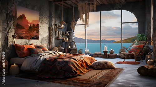 the bed is surrounded by plants and two high windows  in the style of vray tracing  rustic scenes  moody and atmospheric  african influence  brown and beige  industrial  exotic atmosphere