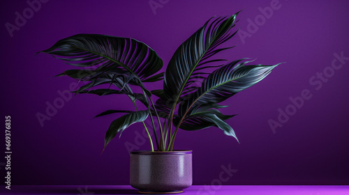 A potted tropical plant with long, slender leaves and purple background photo