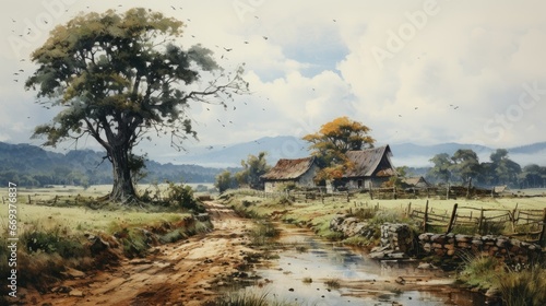 A countryside landscape, watercolor, textured paper, cool tones. AI Generative