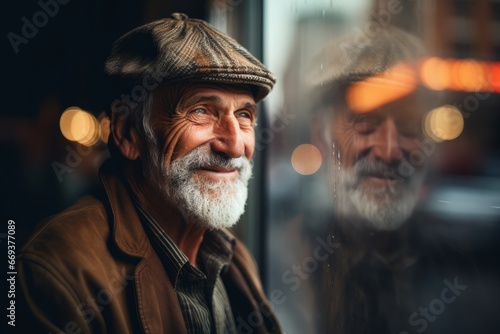 Portrait of a senior man with gray beard looking through the window.