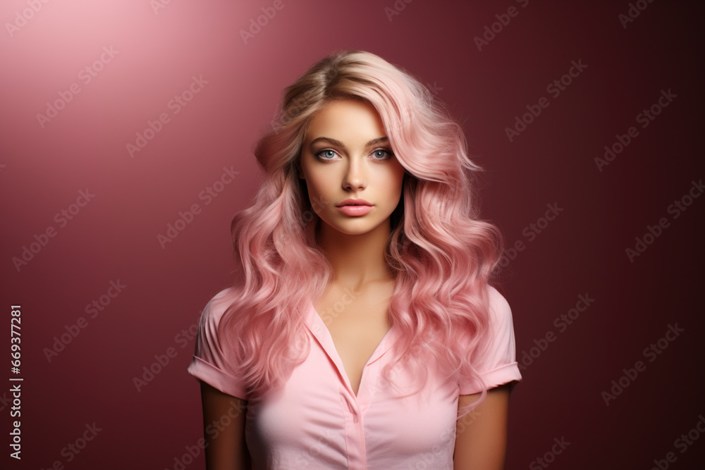 Glamour young woman attractive beautiful smiling with blonde hair and red lips sitting and pink clothes, waiting and dreaming on girly background. Doll model trend concept. Glamour young woman attractive beautiful smiling with blonde hair and red lips sitting and pink clothes, waiting and dreaming on girly background. Doll model trend concept.
