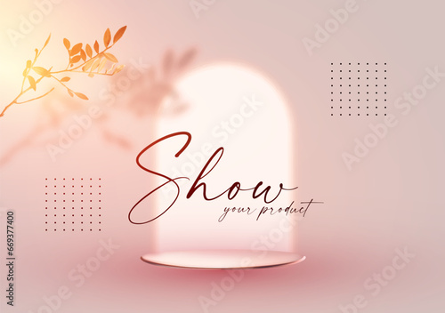3D realistic premium product display design template. Pink scene with round podium, light and shadow. Elegant vector platform. Stage for showcase.