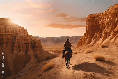 Dusty Trails. A Lone Cowboy on Horseback Riding through Desert Canyons
