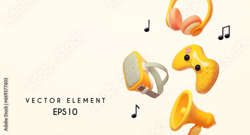 VR helmet, headphones and joystick. Online gaming concept. online cinema and music design.
