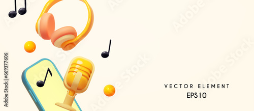 Music concept. Headphones. smartphone, music notes and retro vocal microphone.