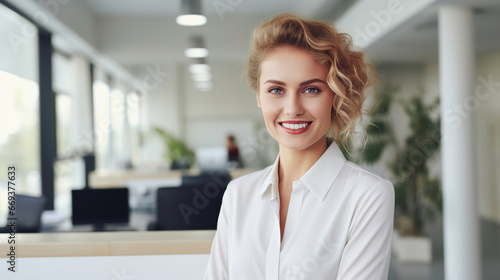 Smiling pretty woman manager or secretary in office, copy space