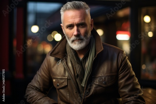 Portrait of a senior man with a gray beard in a leather jacket on a city street.