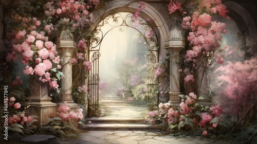 A garden gate with roses, watercolor, detailed, pastel colors. AI Generative photo