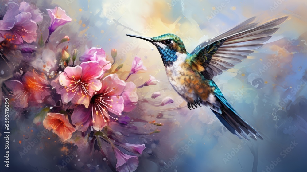 Fototapeta premium A hummingbird hovering over a flower, watercolor, detailed, pastel colors. AI Generative
