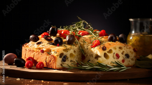 A plate of warm, freshly-baked focaccia bread, topped with a variety of olives, tomatoes, and herbs