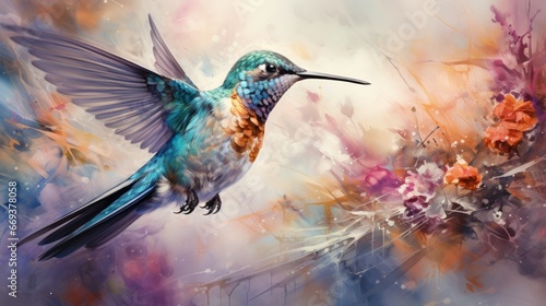 A hummingbird hovering over a flower, watercolor, detailed, pastel colors. AI Generative photo
