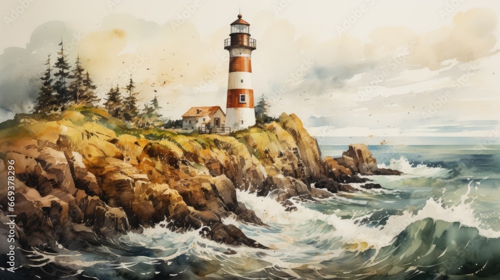 A lighthouse by the sea, watercolor, layering, earthy tones. AI Generative