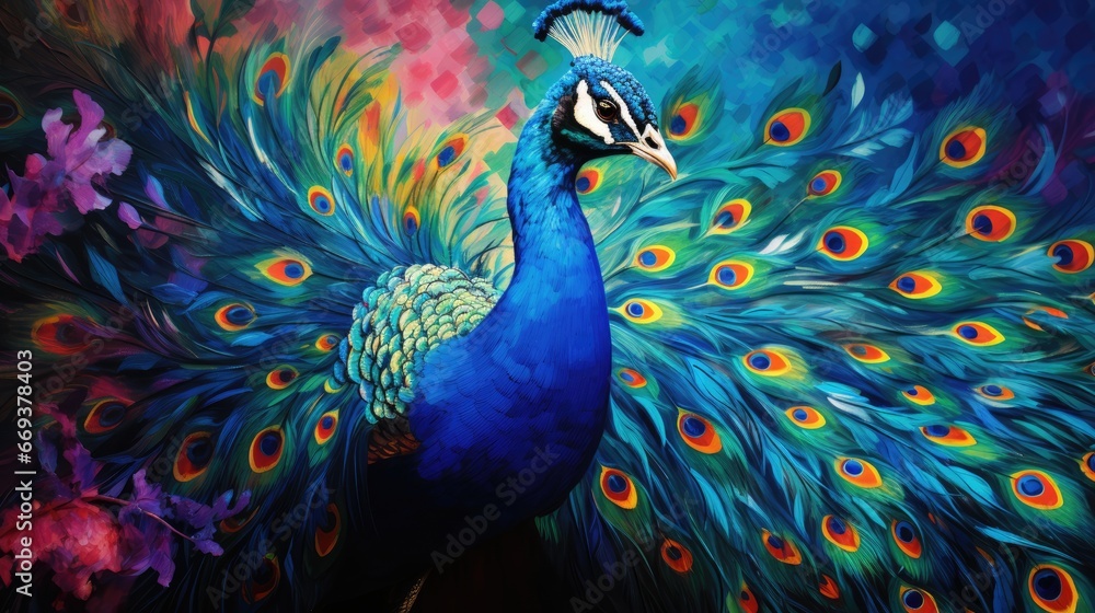 Fototapeta premium A peacock with feathers spread, watercolor, gradient, vibrant colors. AI Generative