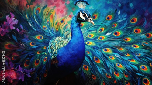 A peacock with feathers spread, watercolor, gradient, vibrant colors. AI Generative © Horsi
