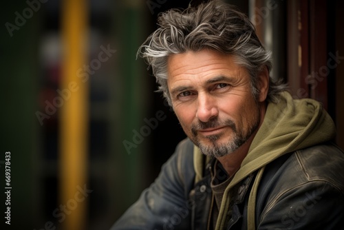 Portrait of a handsome middle-aged man with gray hair and beard wearing a leather jacket and jeans.