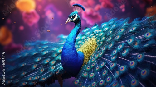 A peacock with feathers spread, watercolor, gradient, vibrant colors. AI Generative photo